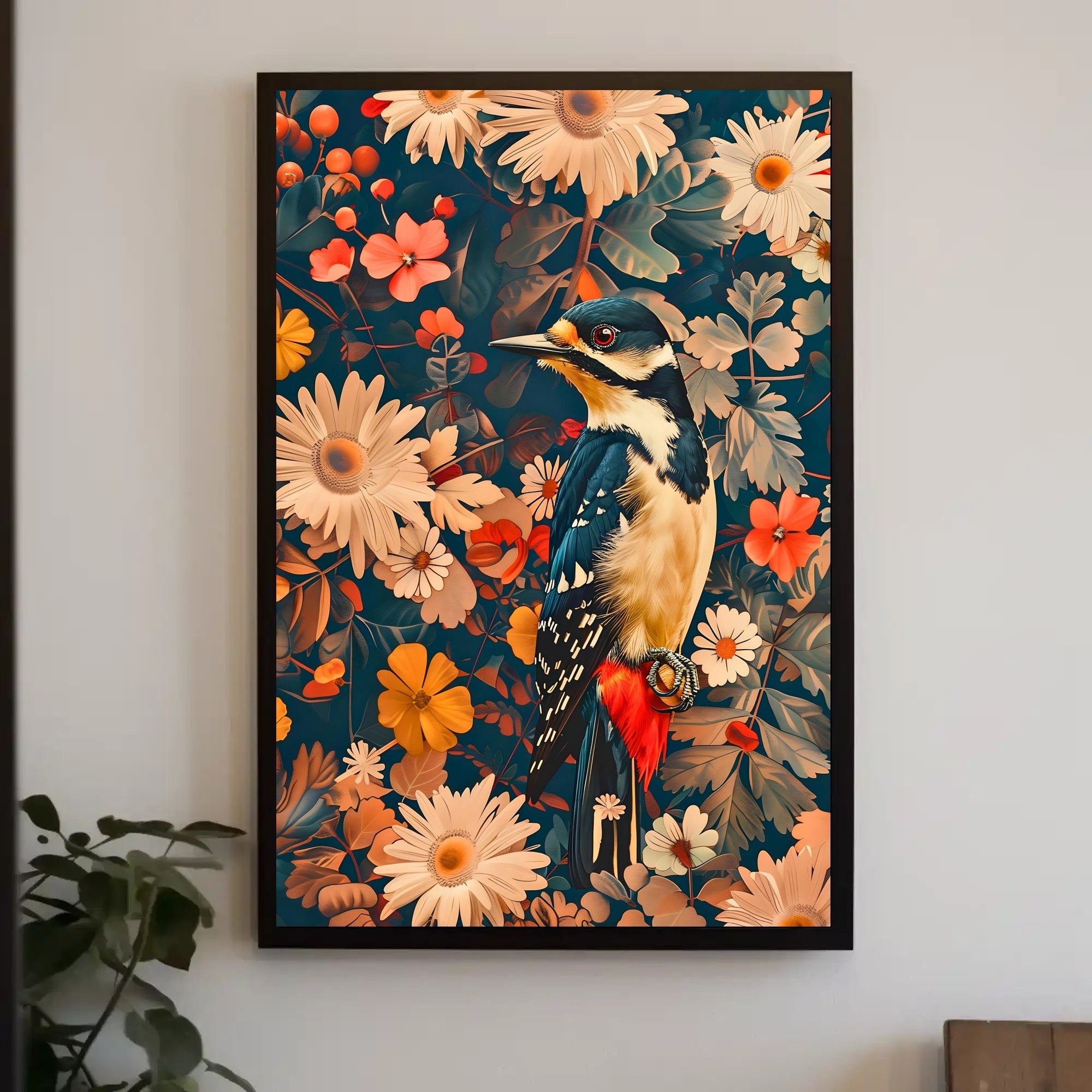 Vibrant Woodpecker Floral Paradise Poster