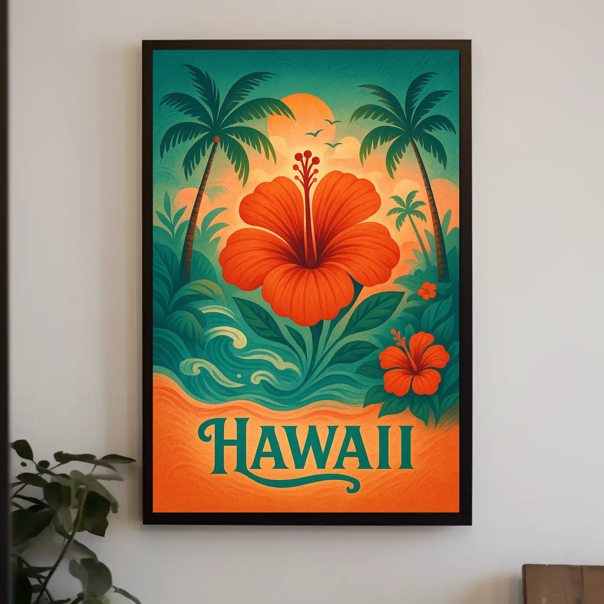 Hibiscus and Sunset Hawaii Vintage Travel Poster