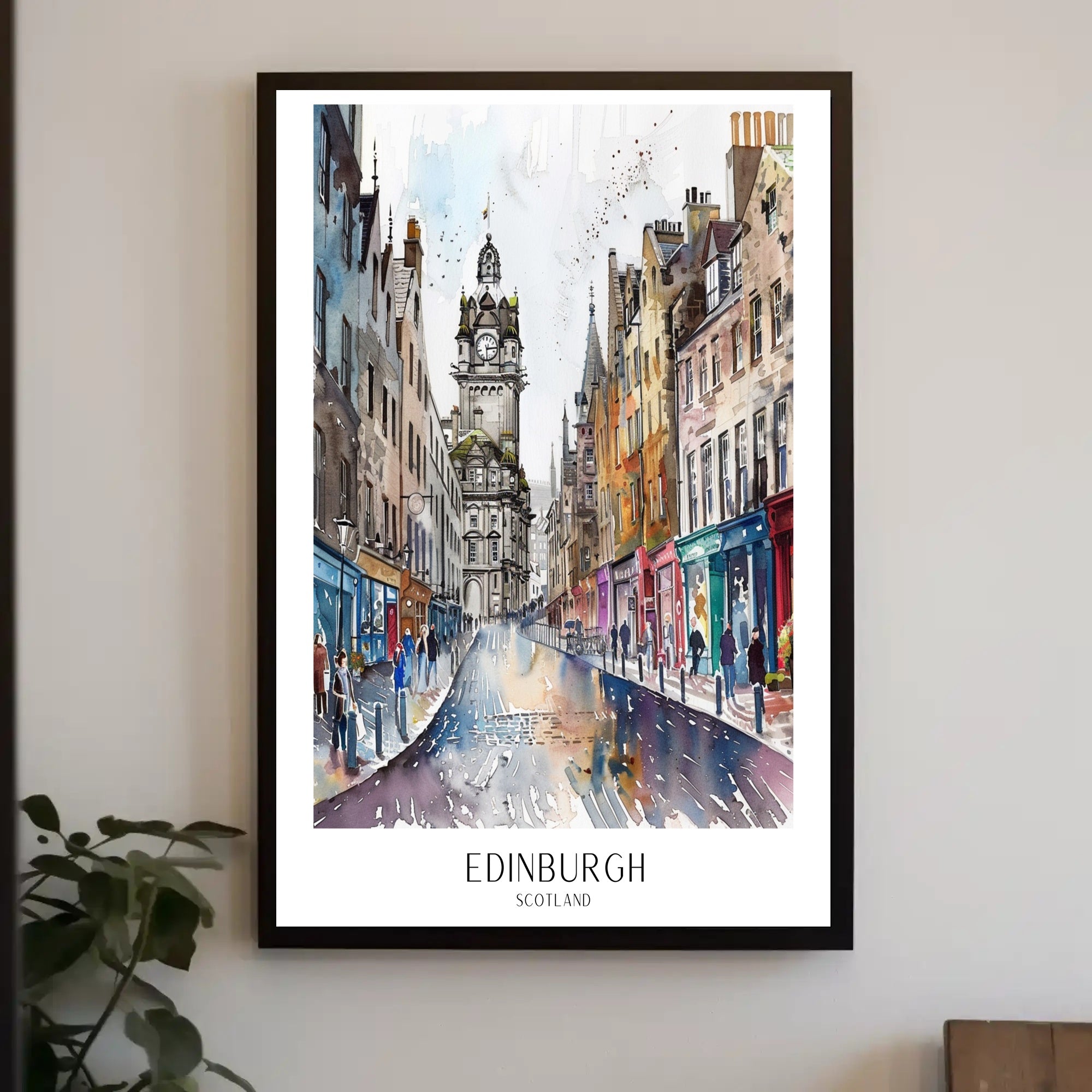 Vibrant Watercolor Street Scene in Edinburgh Urban or Cityscape Poster PosterGoat