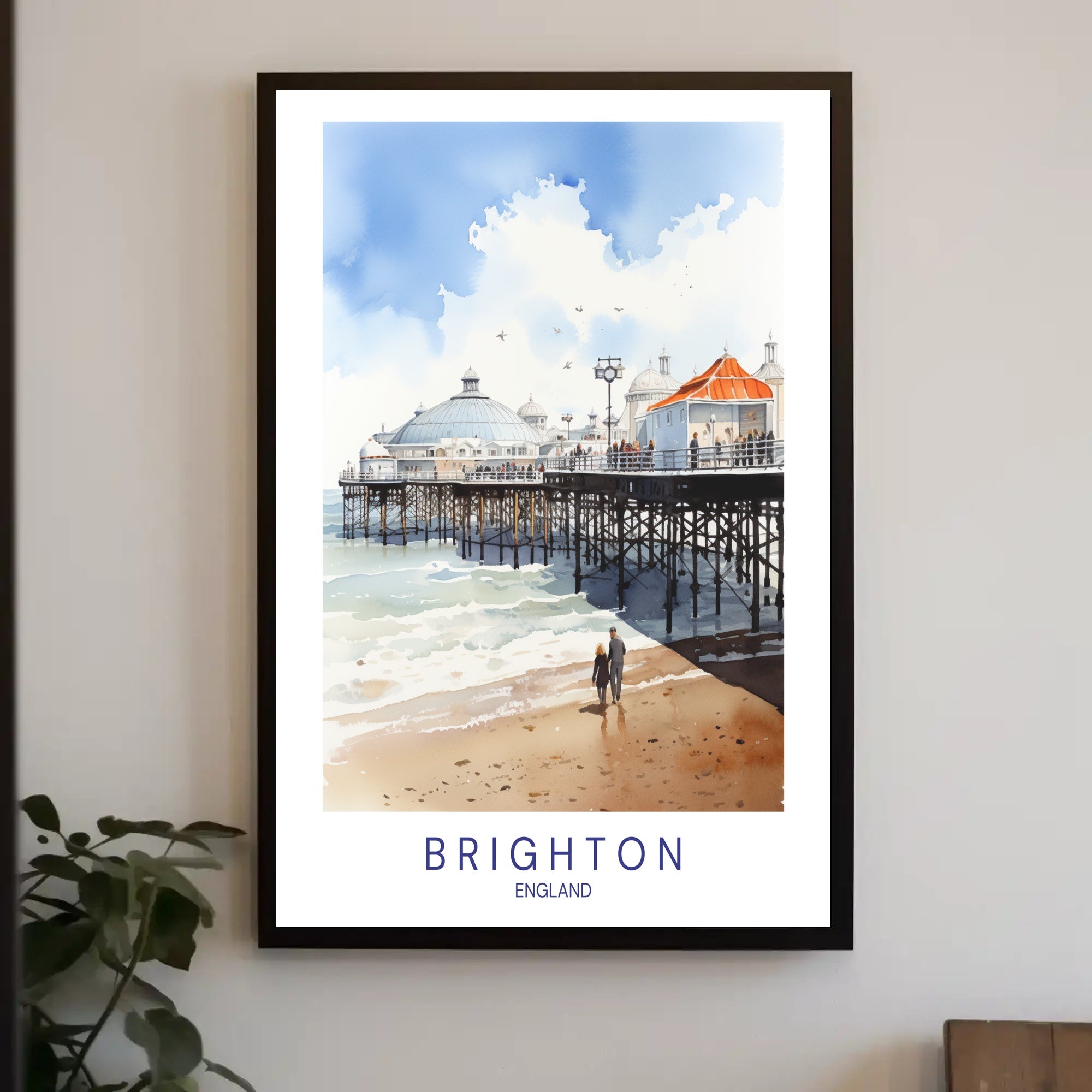 Brighton seaside watercolor travel poster - serene, nostalgic charm PosterGoat