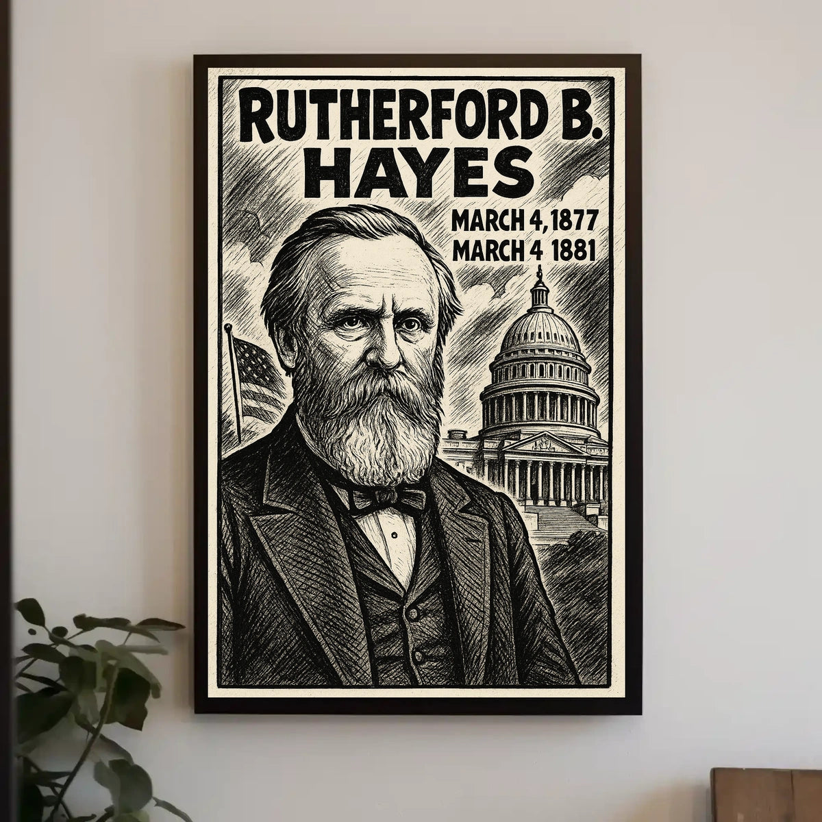 Rutherford B. Hayes 19th President of the United States B & W Comic Sketch Poster