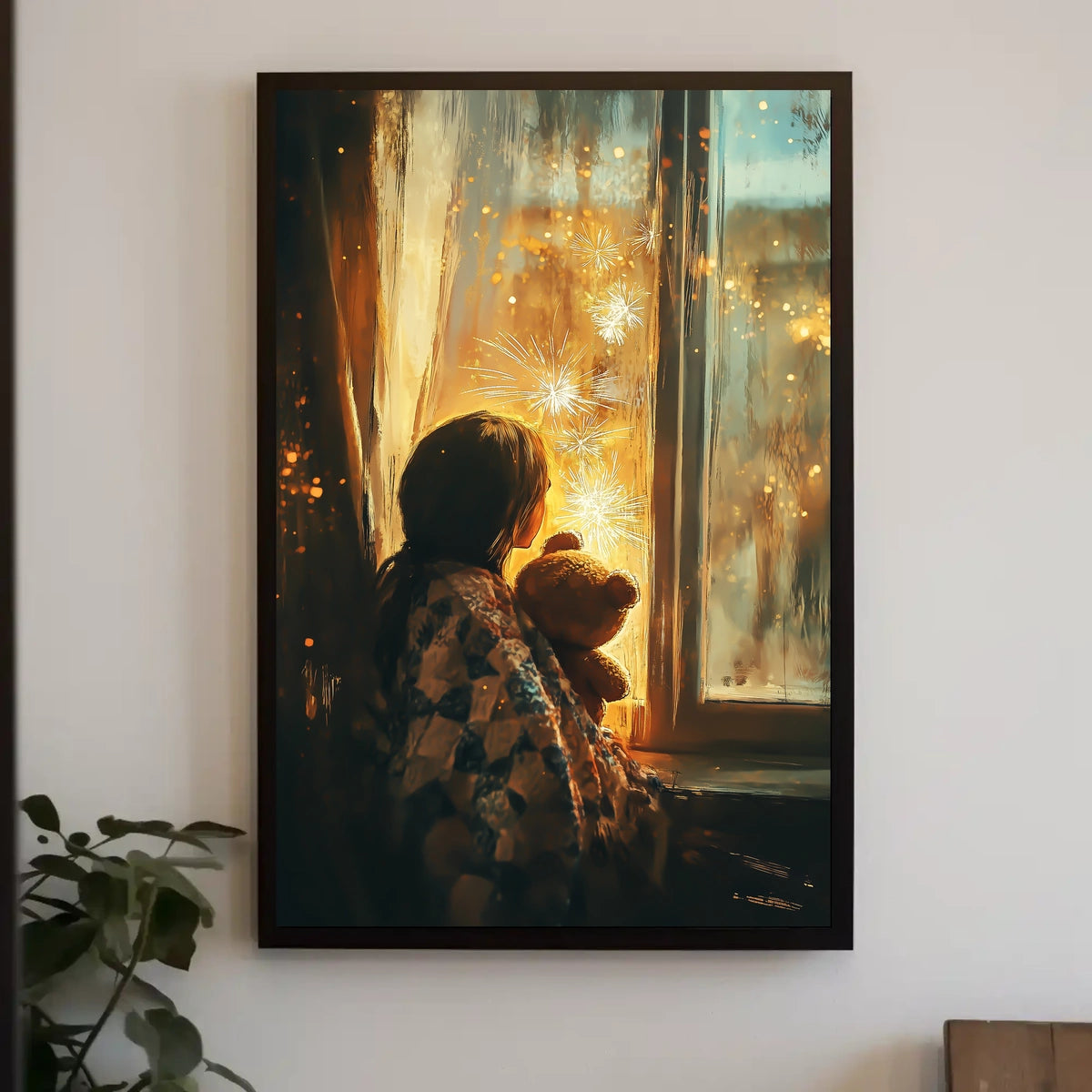Little Girl Watching Fireworks With Teddy Bear Poster