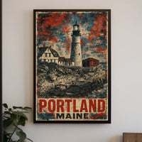Timeless Portland Maine Lighthouse Coastal Vintage Travel Lithograph Scenic Collectors Nautical Architecture Poster