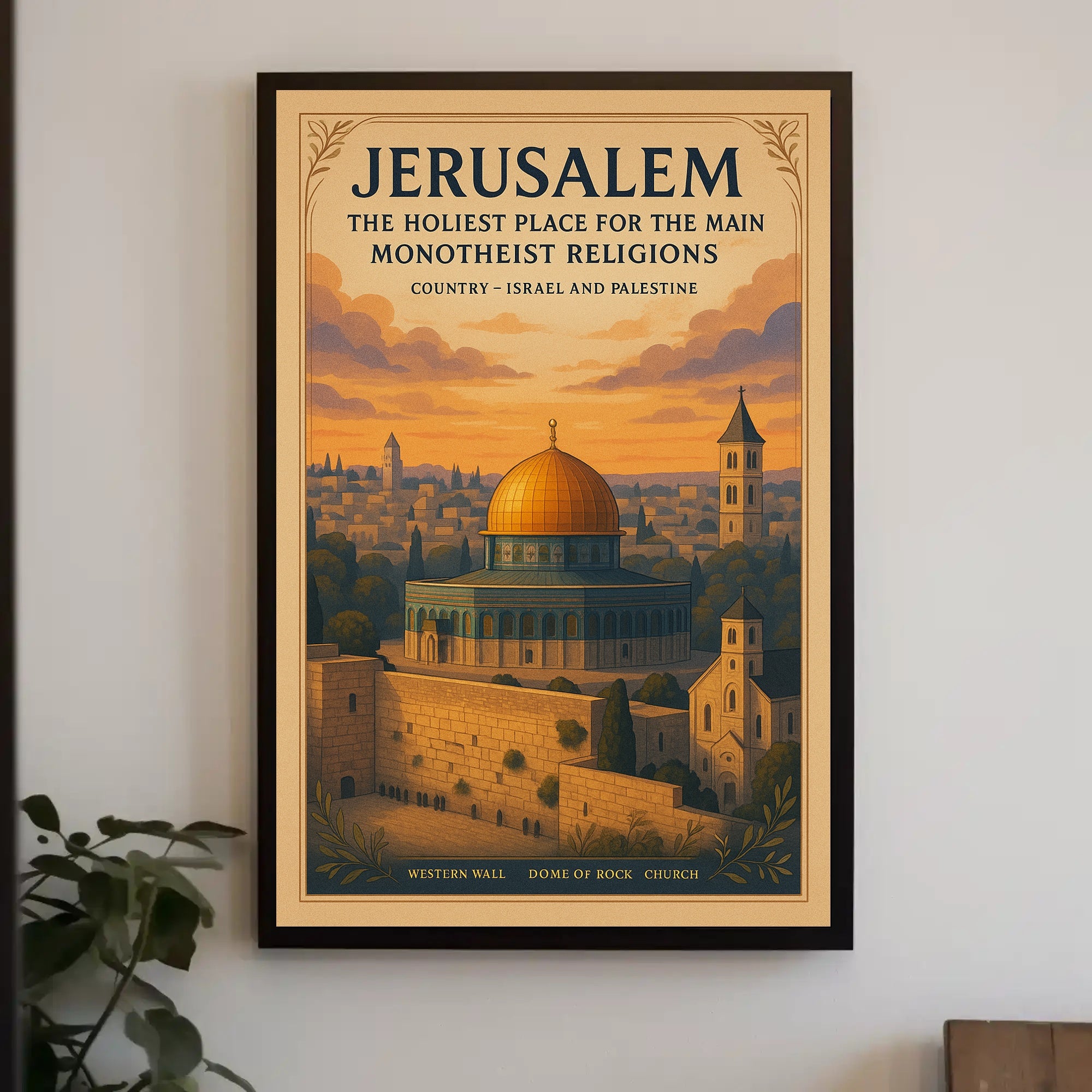 Jerusalem Dome Vintage Cityscape Sunset Cultural or Heritage Poster