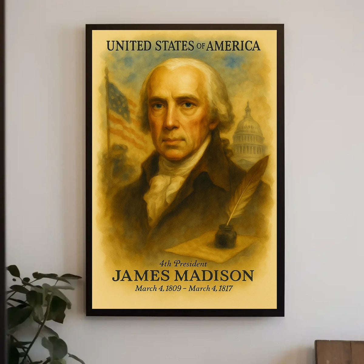 James Madison 4th President of the United States Vintage Watercolor Poster