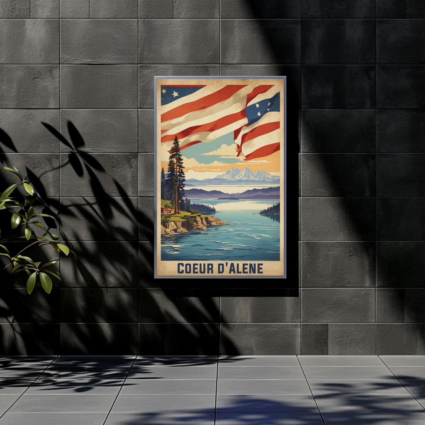 Coeur d'Alene Idaho Lake Mountains Flag Vintage Travel Poster