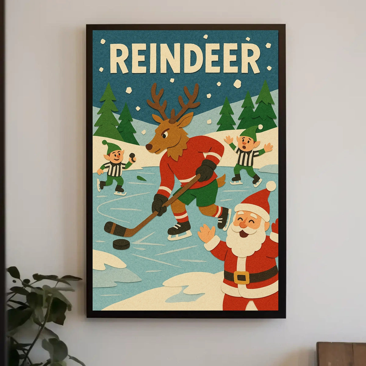 Festive Reindeer Ice Hockey Holiday Sports Poster