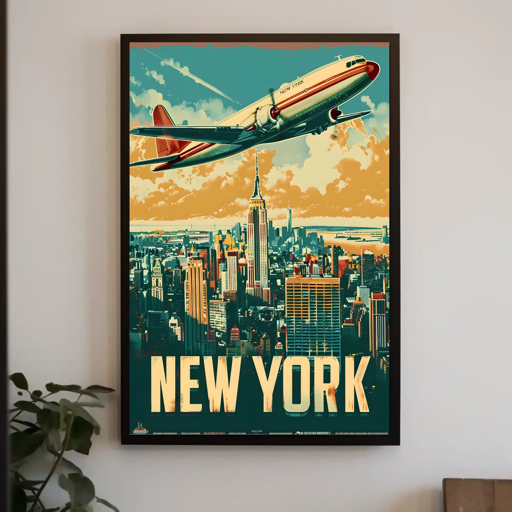New York Skyline with Airplane Travel Poster
