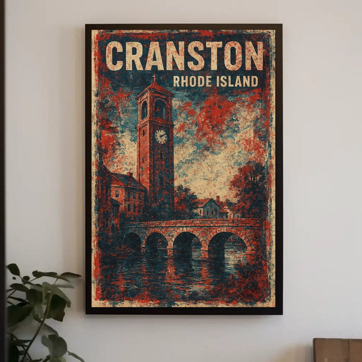 Cranston Clock Tower Cityscape Nostalgic Art Deco Poster