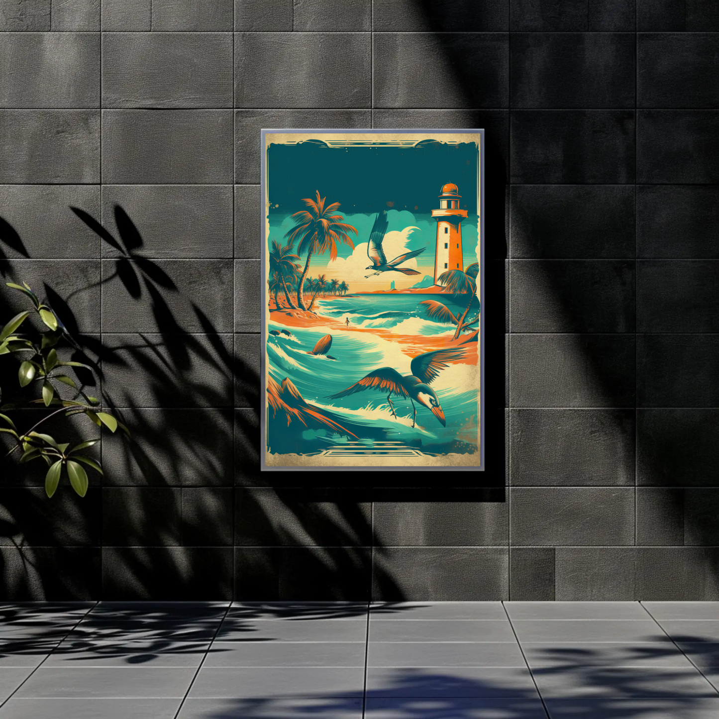 Tropical Coast Lighthouse Ocean Birds Vintage Travel Poster