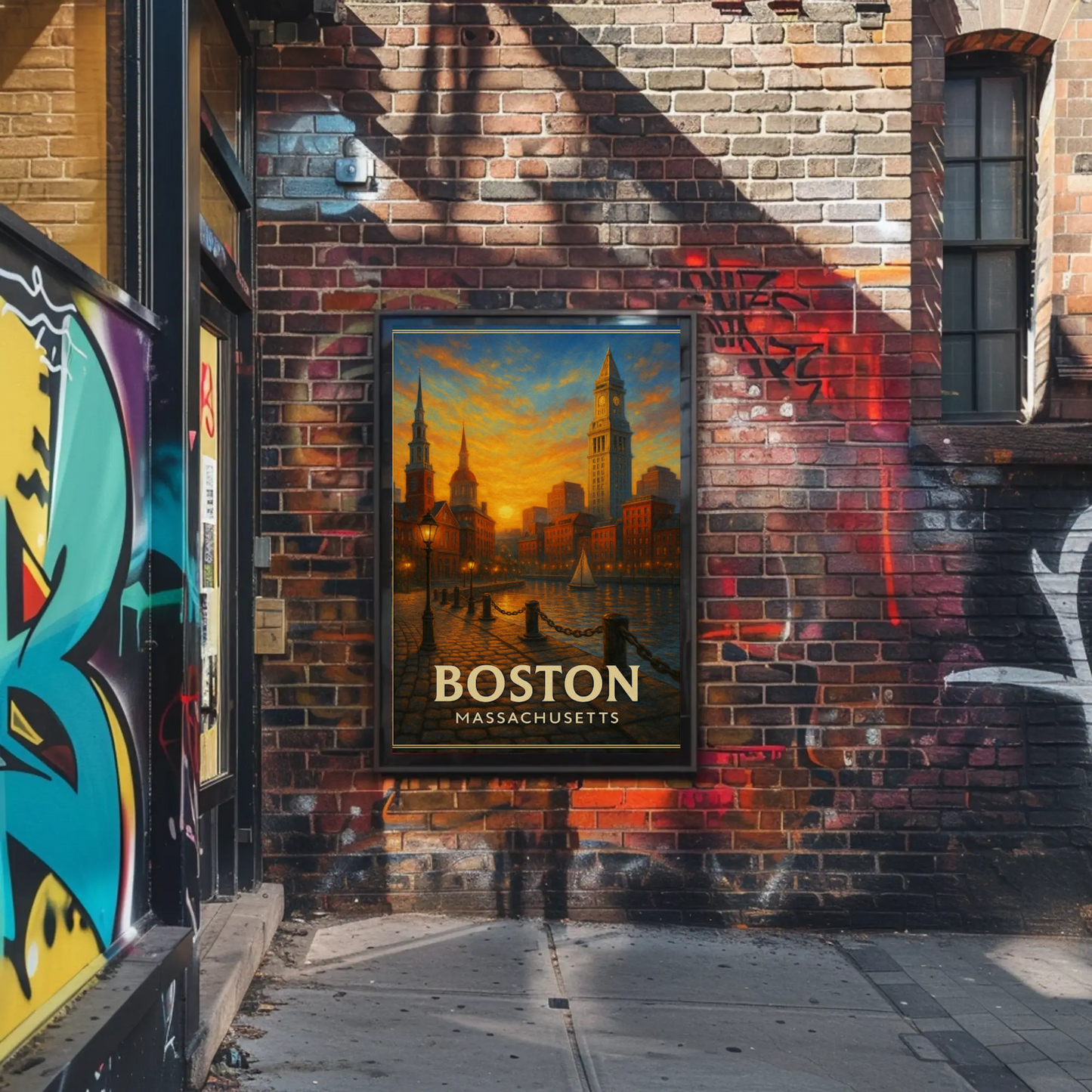 Boston Massachusetts Sunset Harbor Cityscape Travel Poster