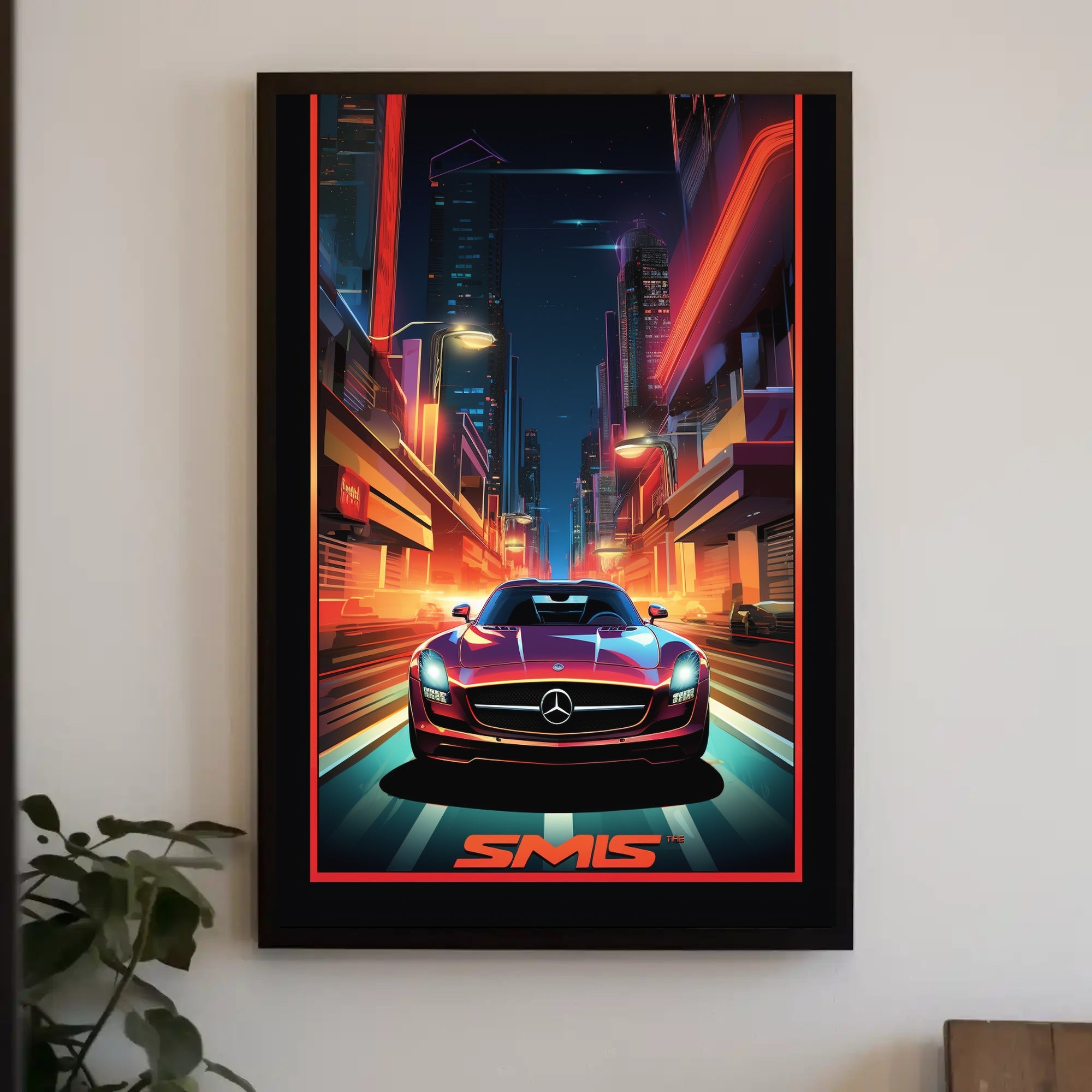 Sleek Sports Car in Vibrant Futuristic Sci-Fi Poster