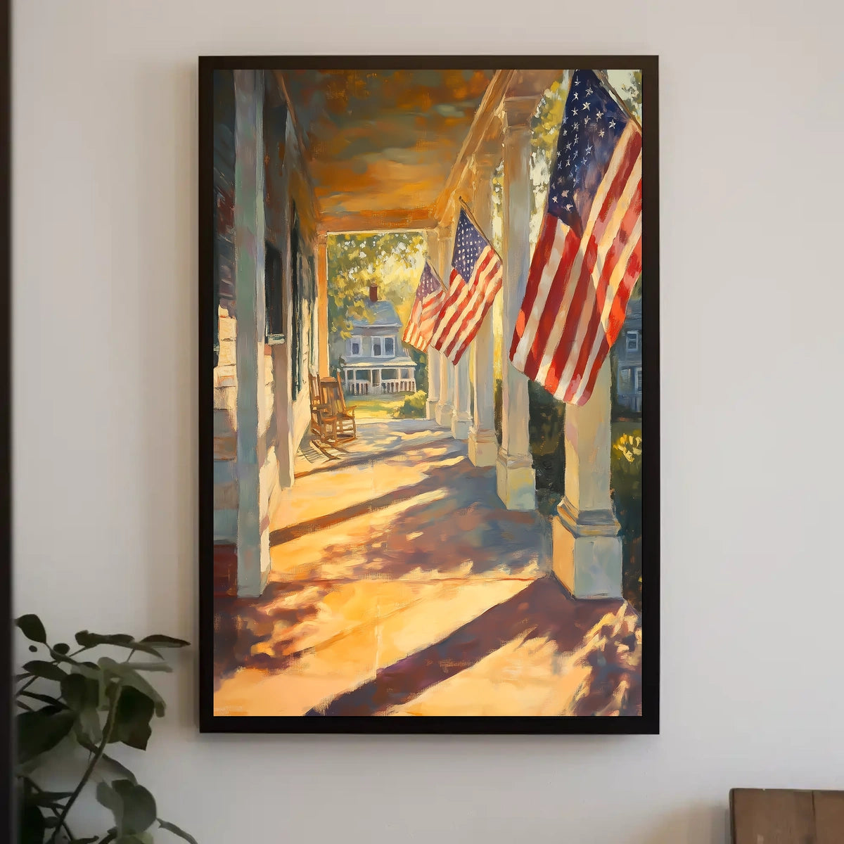 Colonial Village Street With Patriotic Flags Poster