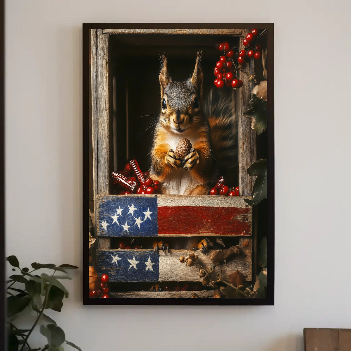 squirrel sitting upright inside a wooden crate Poster