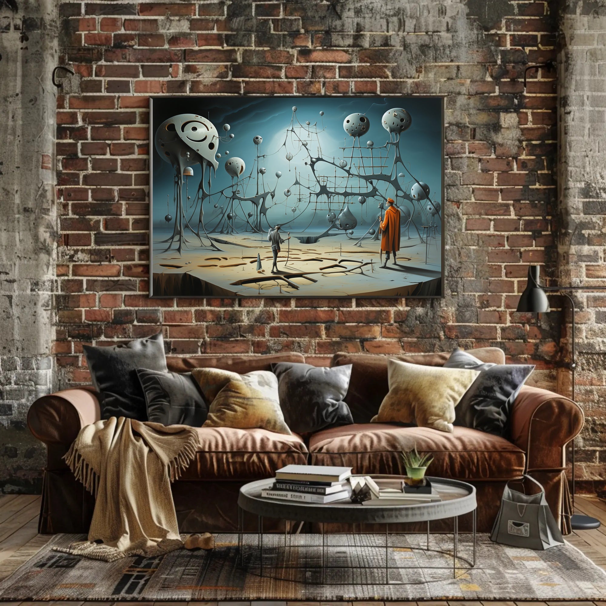Surreal Dreamscape with Explorers: Futuristic Sci-Fi Poster