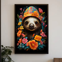 Floral Fiesta Joyful Sloth Whimsical Poster