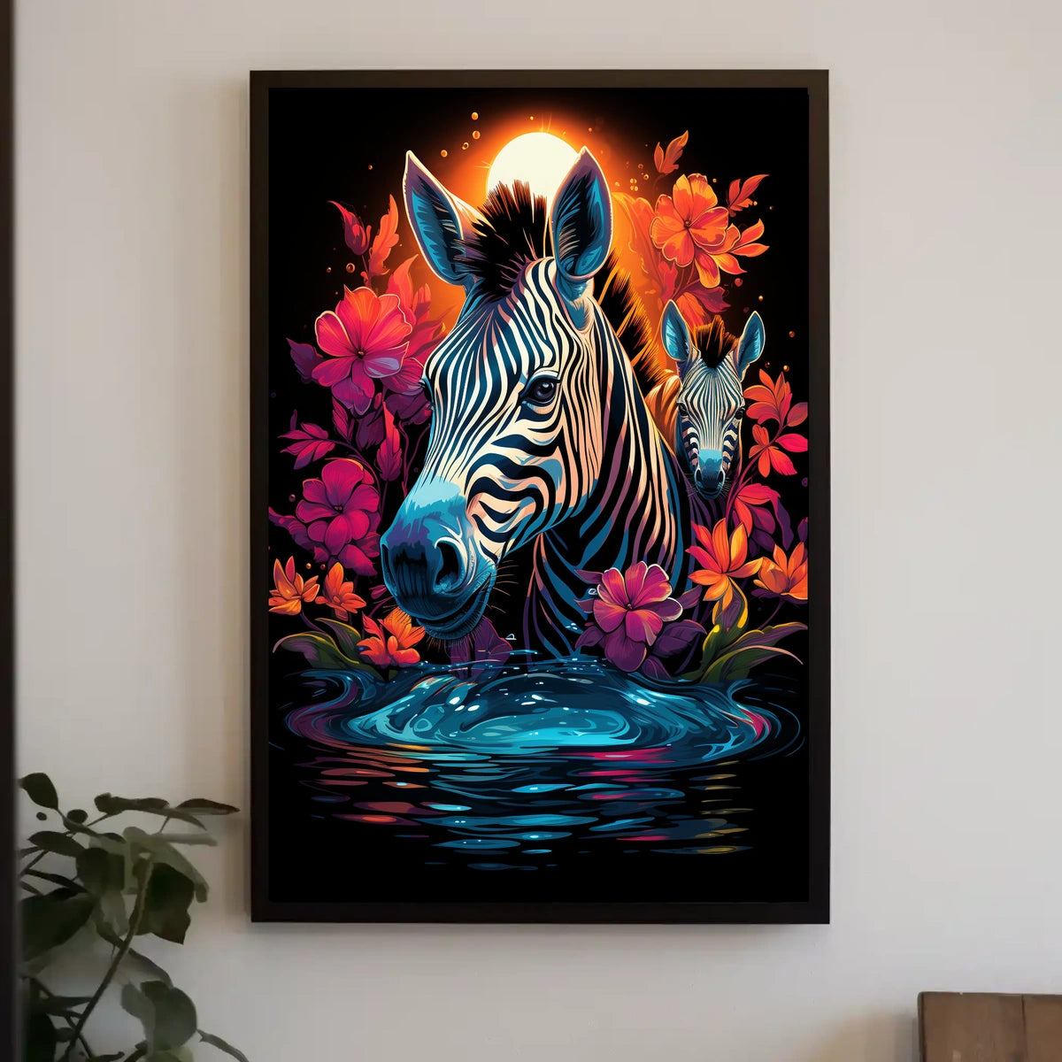Vibrant Zebras in Dreamlike African Landscape Poster