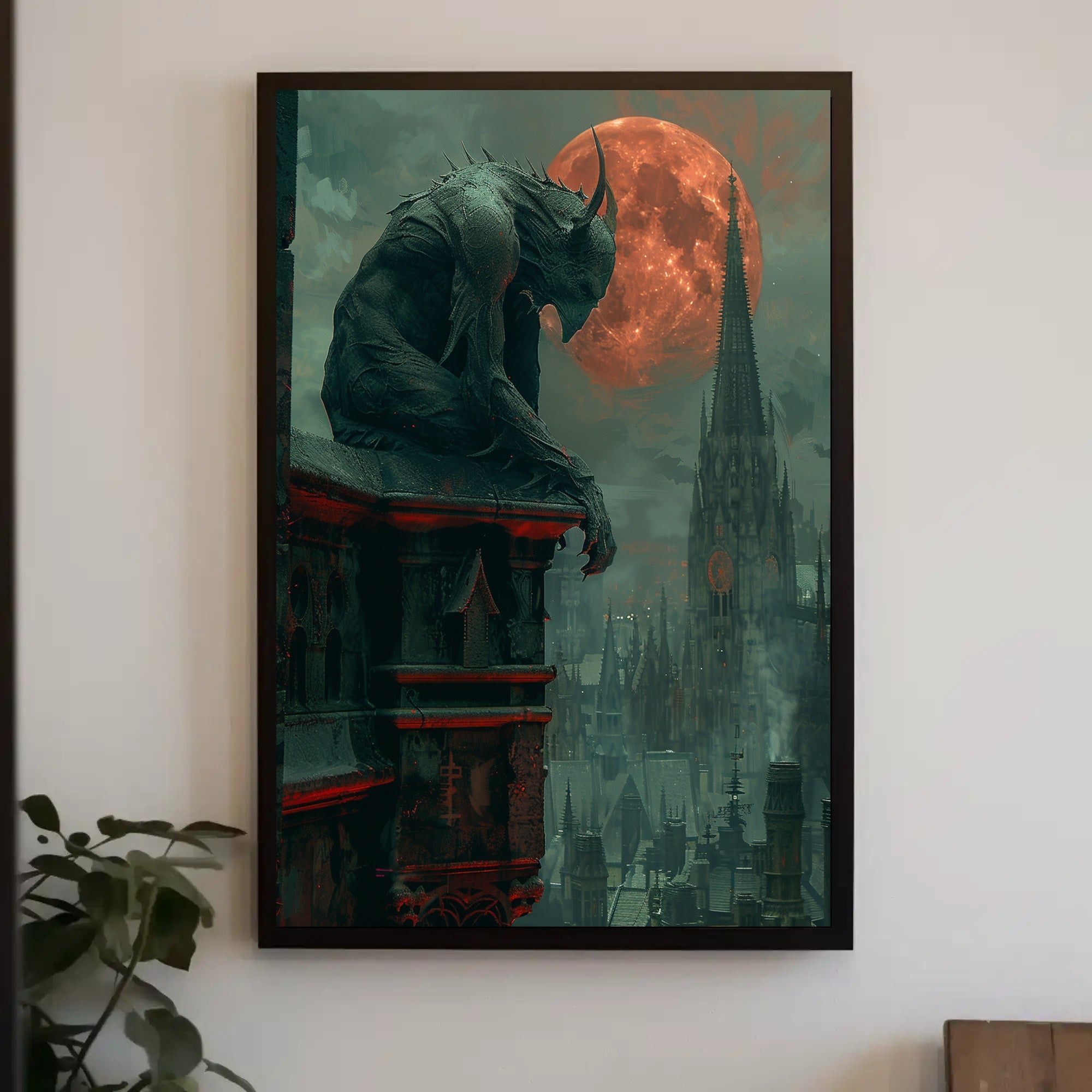 Gothic Gargoyle Overlooking Medieval City Fantasy or Mythology Poster PosterGoat