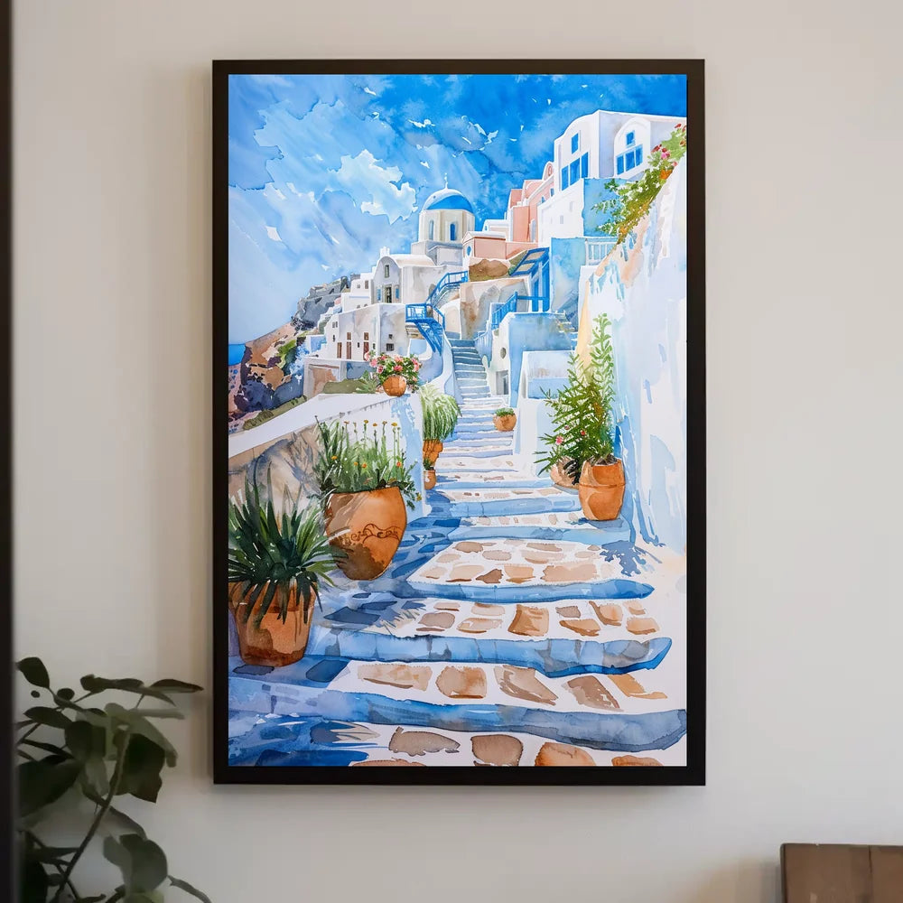Santorini Serenity: Watercolor Greek Island Poster