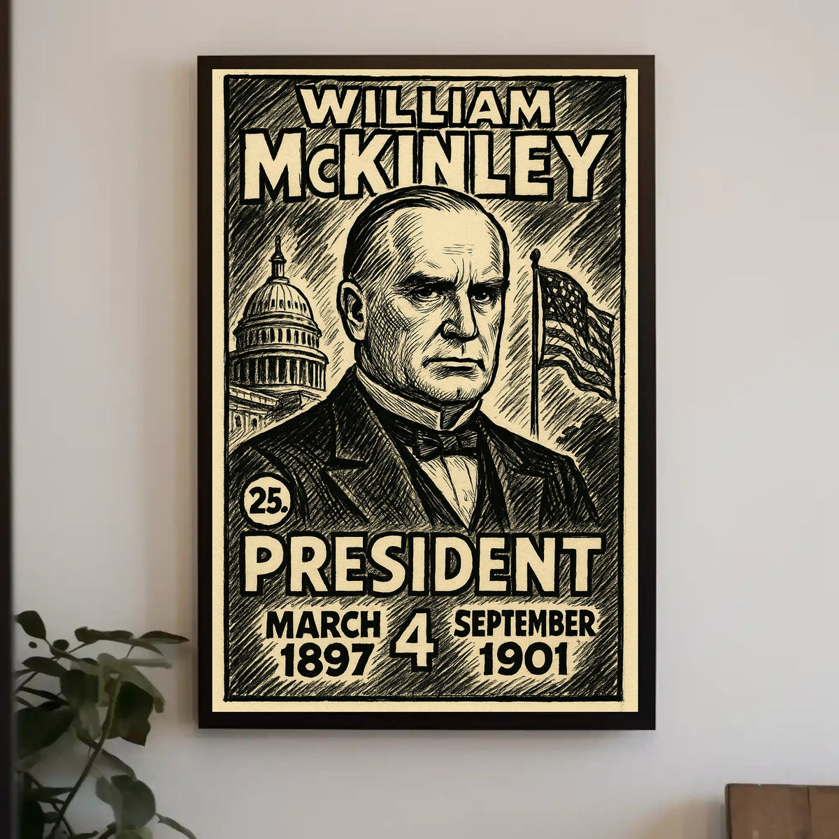 William McKinley 25th President of the United States B & W Comic Sketch Poster