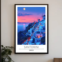 Santorini Sunset Travel Scene: Beautiful Mediterranean Landscape Poster