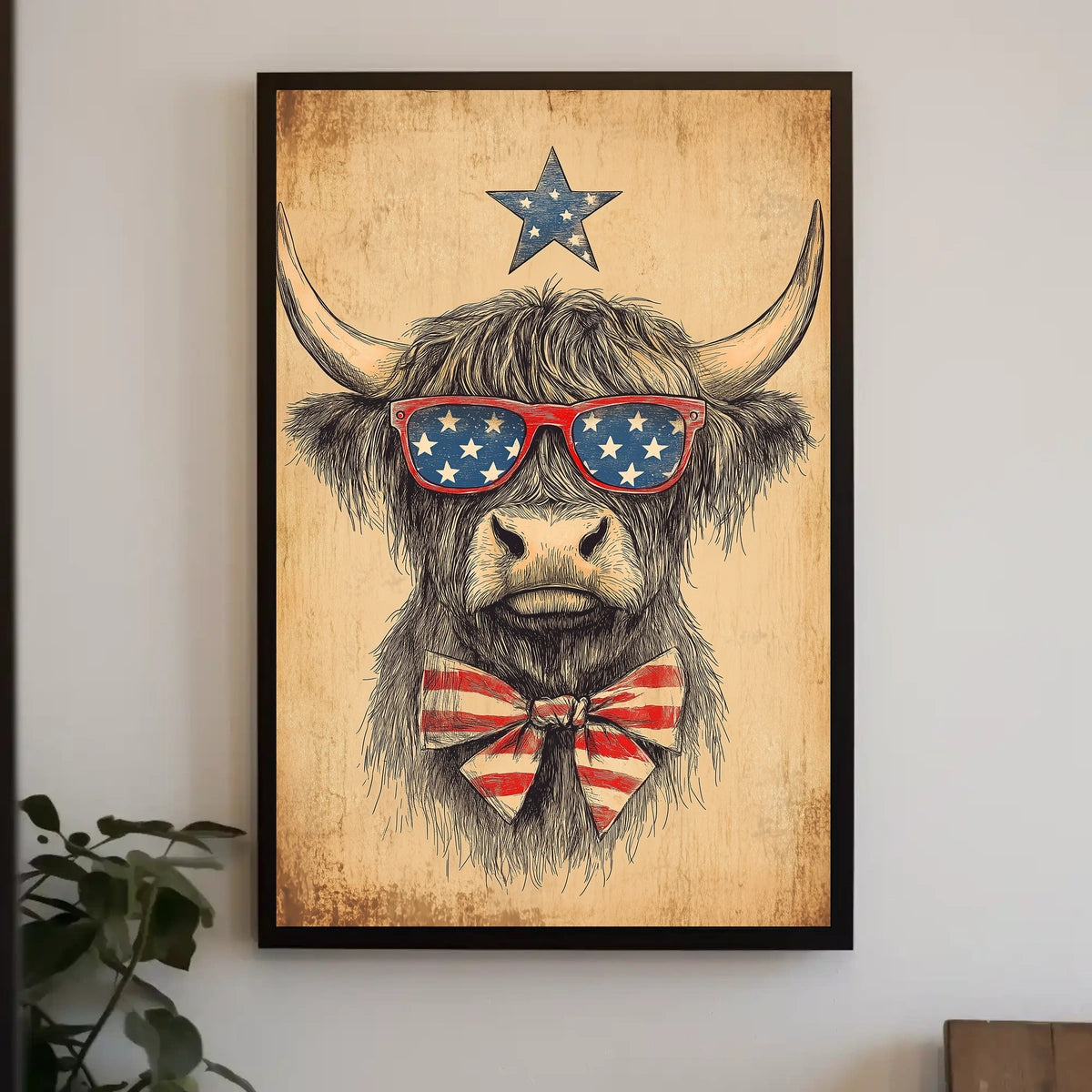 Highland Cow With Stars Sunglasses Americana Poster