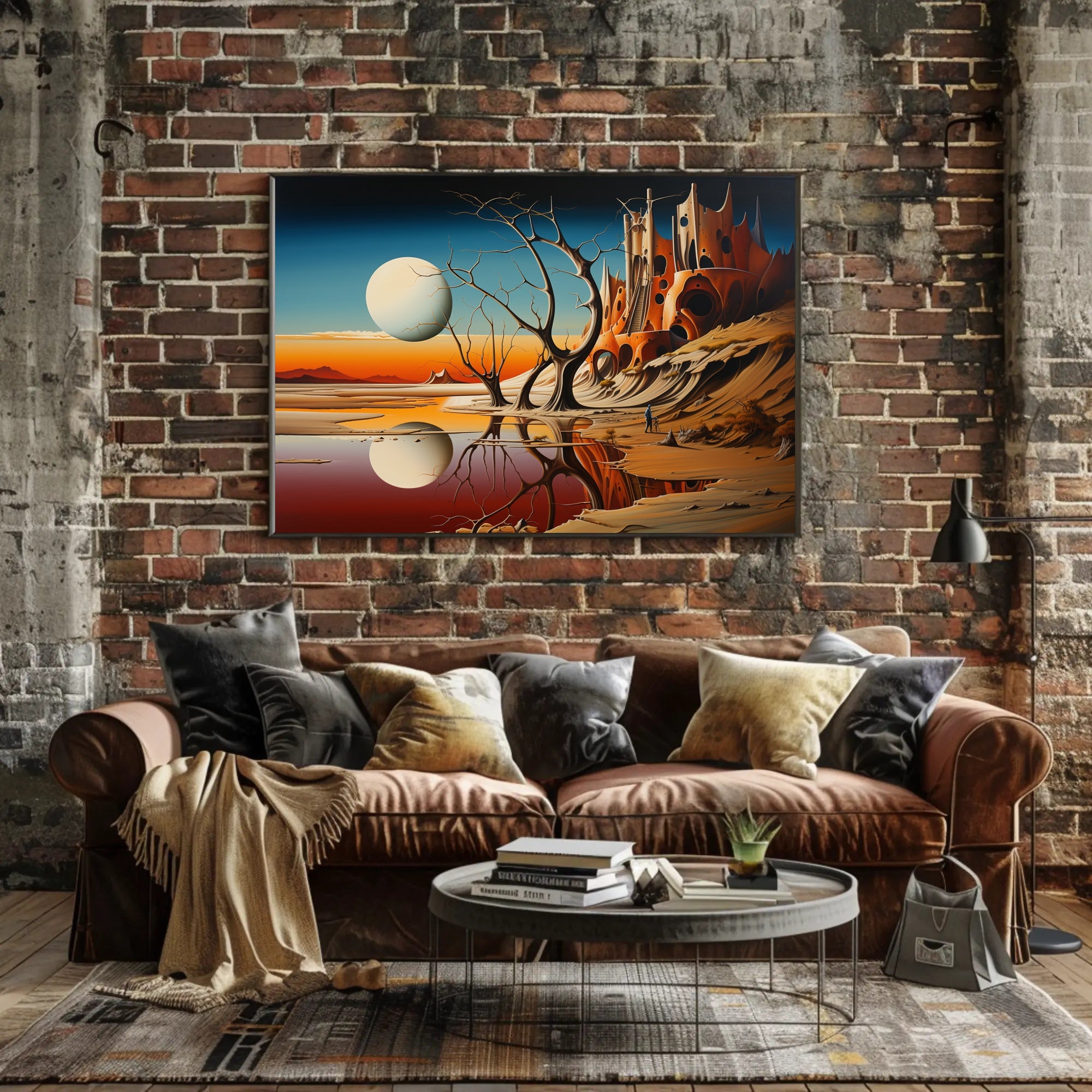 Surreal Sci-Fi Landscape with Fortress and Celestial Body Poster