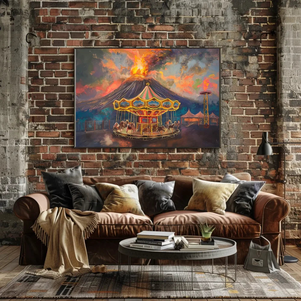 Surreal Carousel and Volcano Imaginative Art Poster