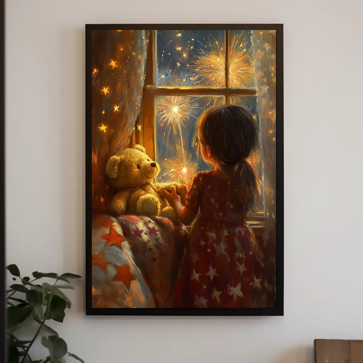 Little Girl Watching Fireworks Night Scene Cozy Poster