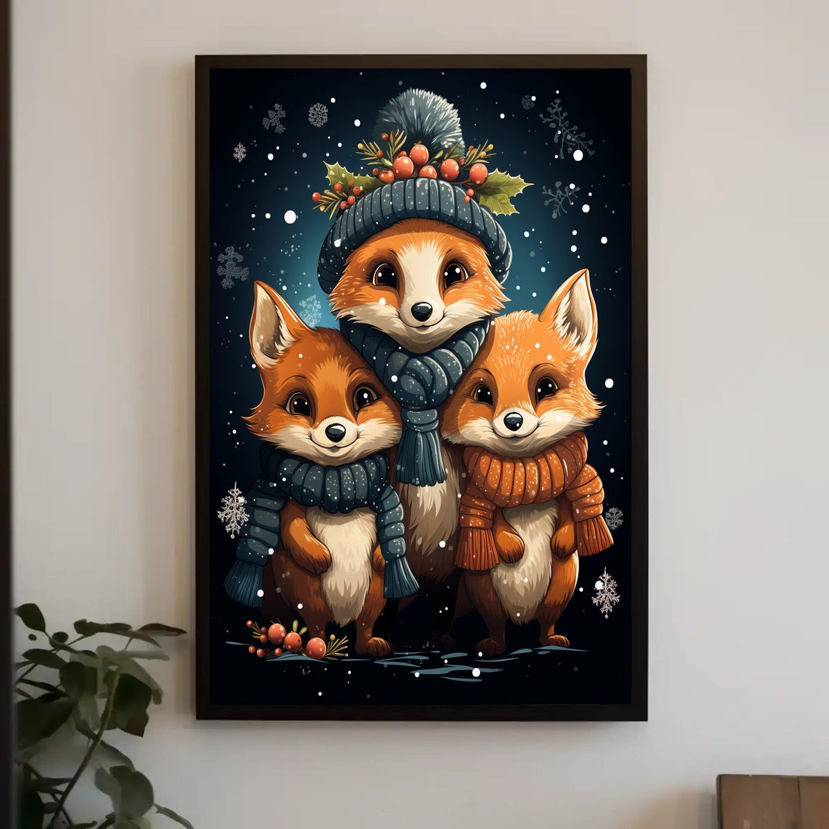 Cozy Winter Foxes Whimsical Digital Painting Poster