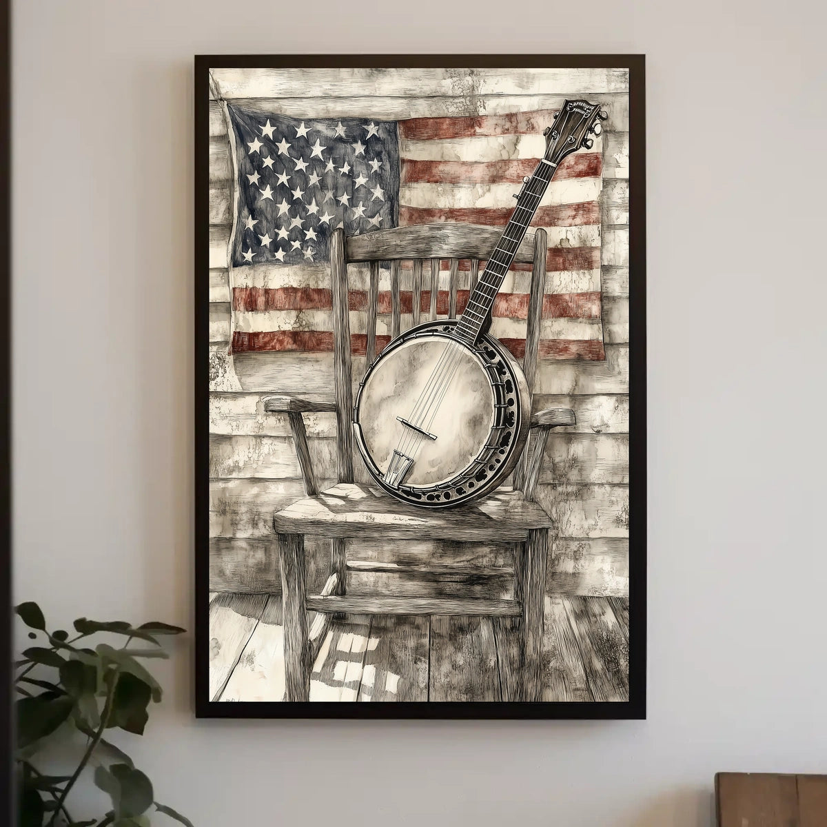 Vintage Banjo On Rustic Chair With American Flag Poster