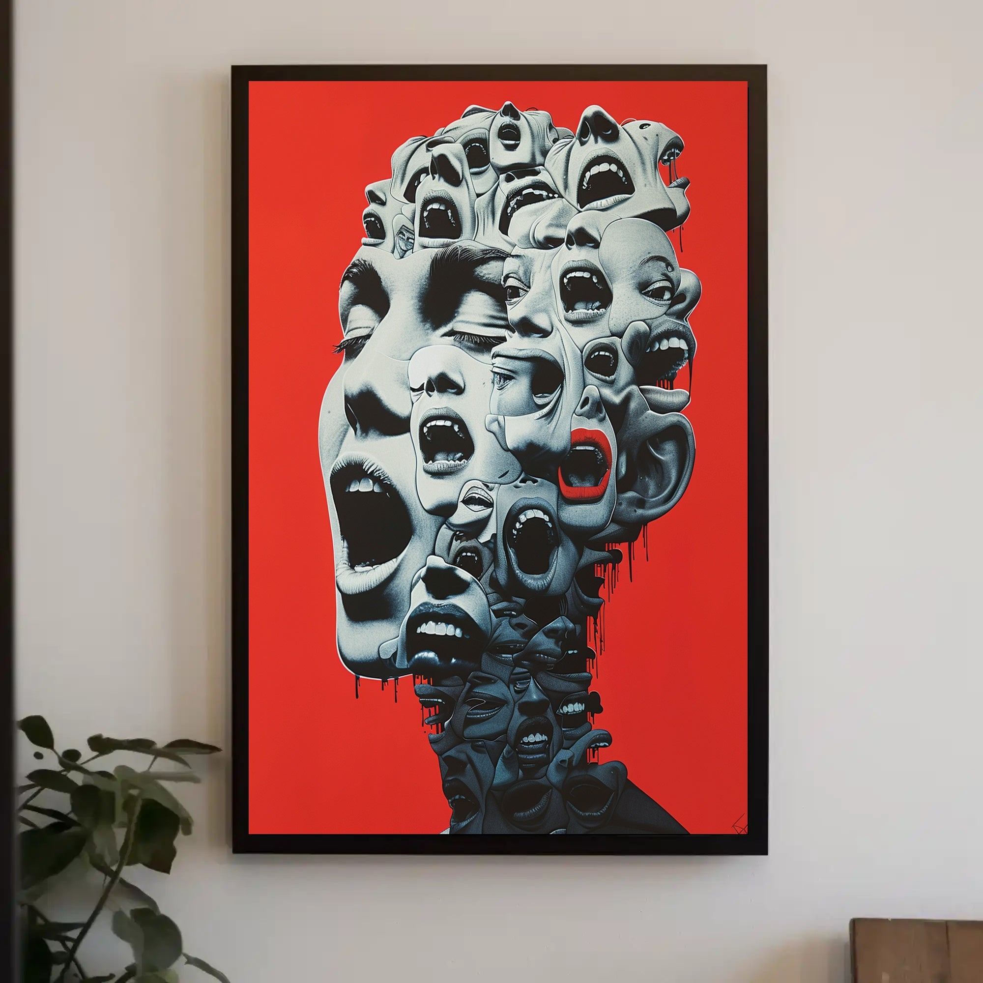 Surreal Faces Collage Poster: Red Background Art PosterGoat