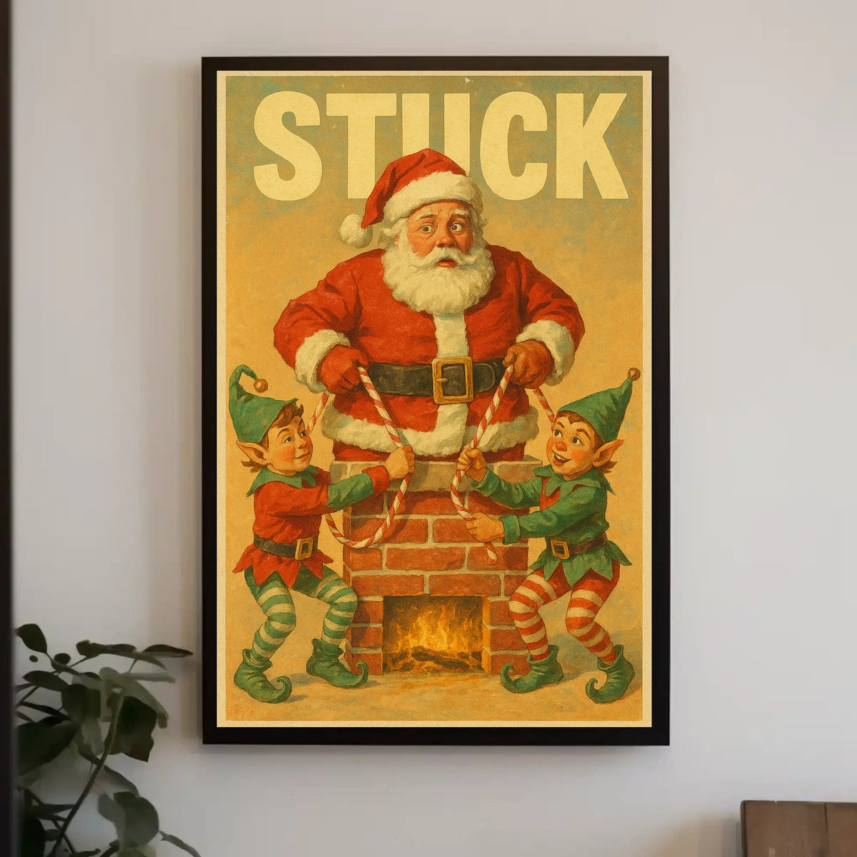 Santa Stuck in Chimney Christmas Poster Art