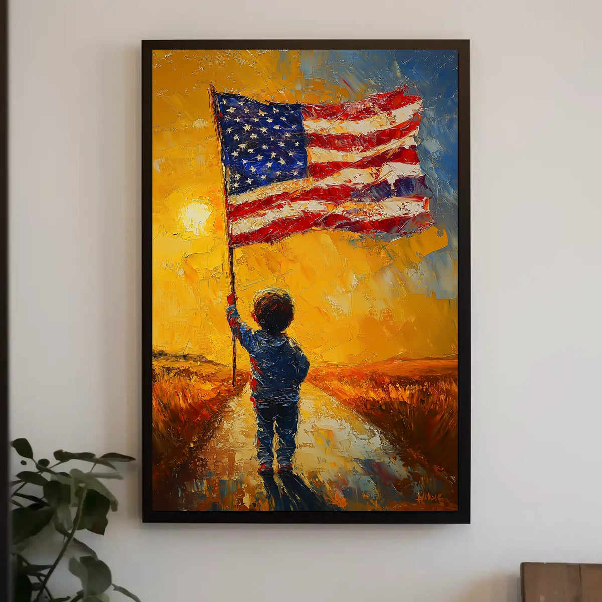 child holding a large American flag Poster