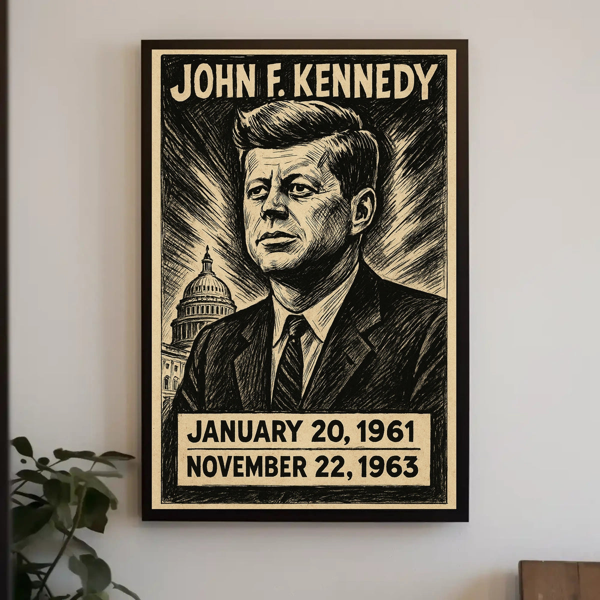 John F. Kennedy 35th President of the United States B & W Comic Sketch Poster