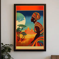 Radiant Earth: Woman in Traditional Attire with Moonlit Landscape Poster