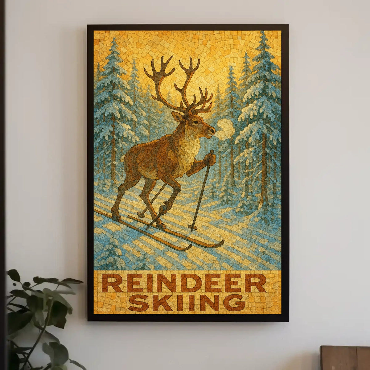 Reindeer Skiing Poster