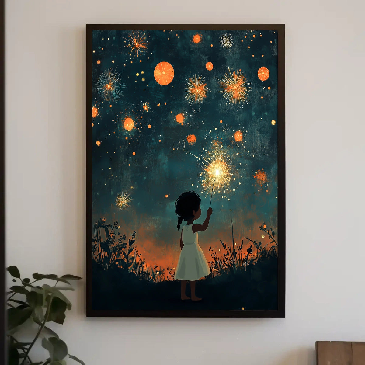 Child Holding Sparkler Under Night Sky Fireworks Poster
