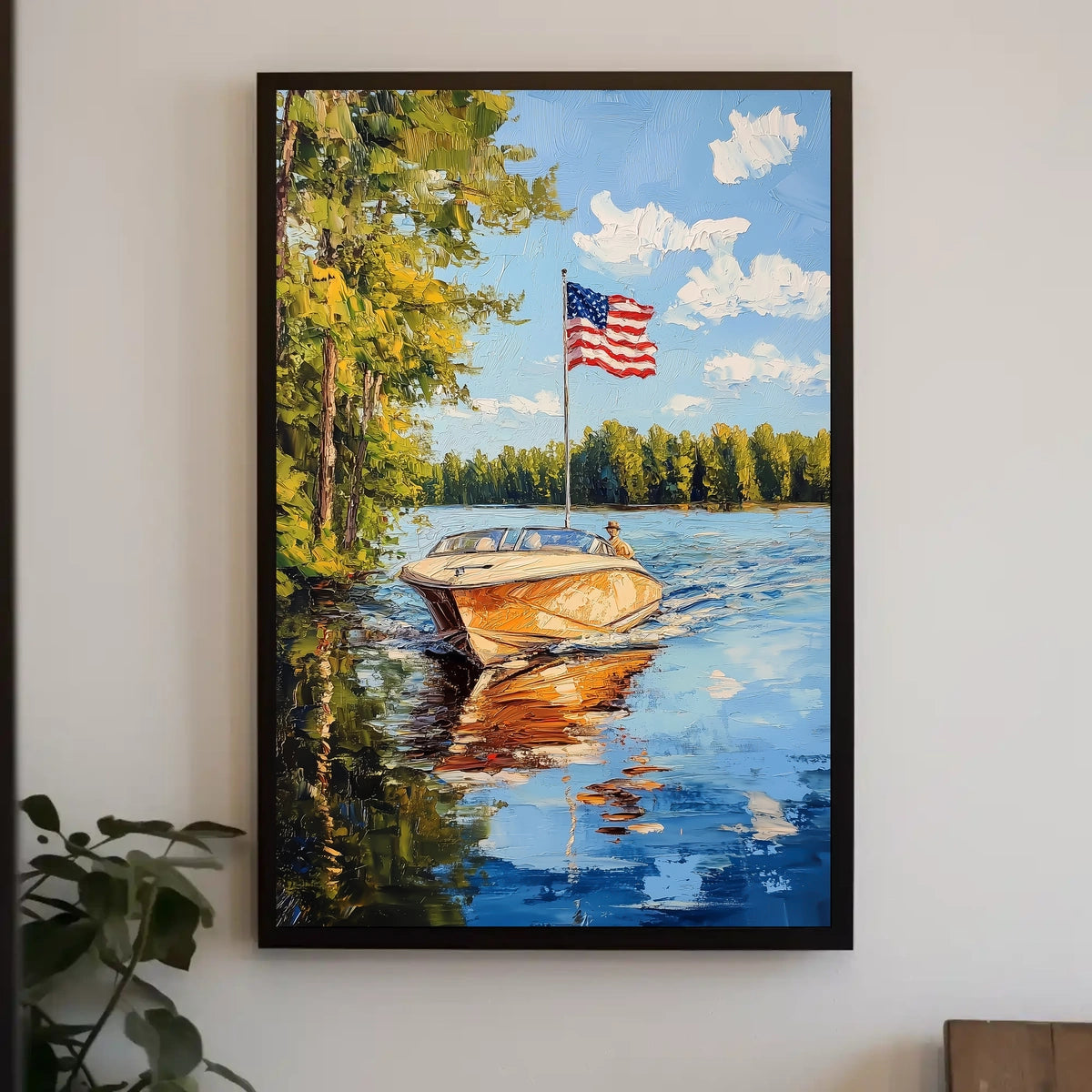 Boat On A Calm Lake With American Flag Scenic Poster