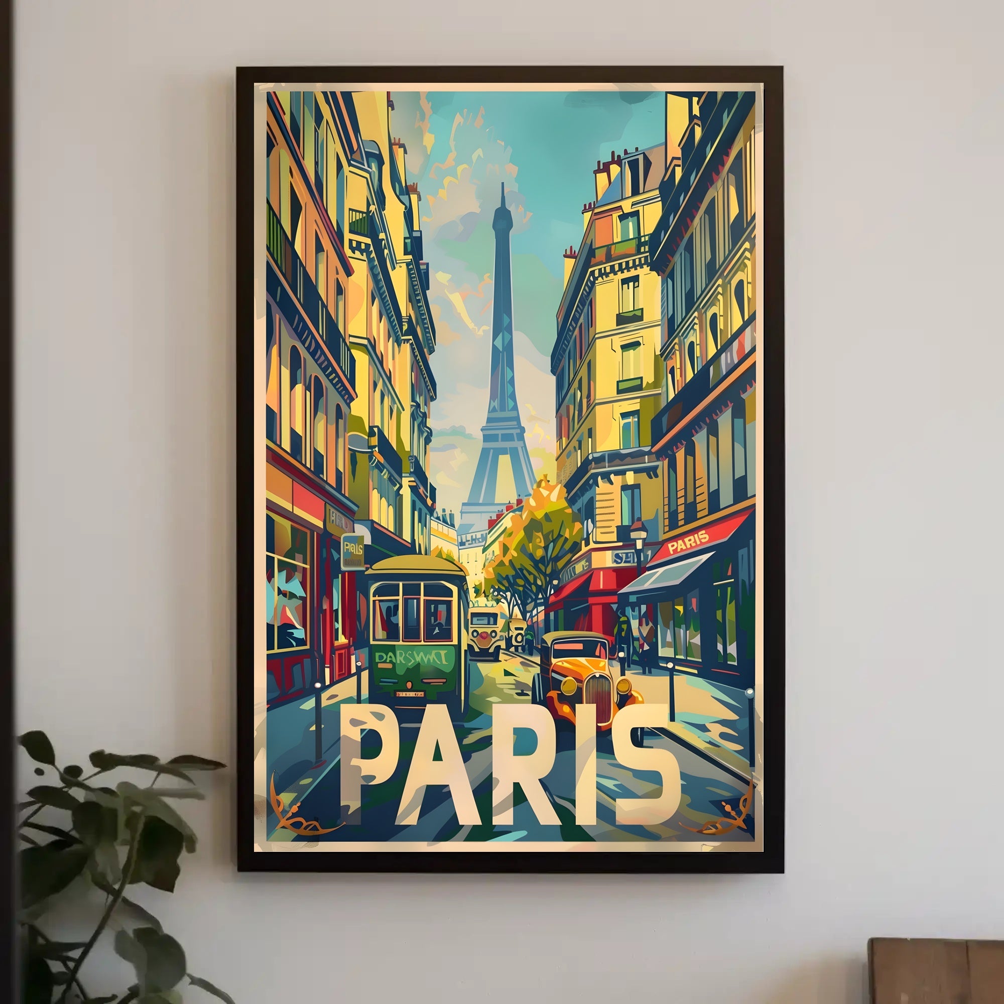 Vintage Parisian Street with Eiffel Tower Travel Poster