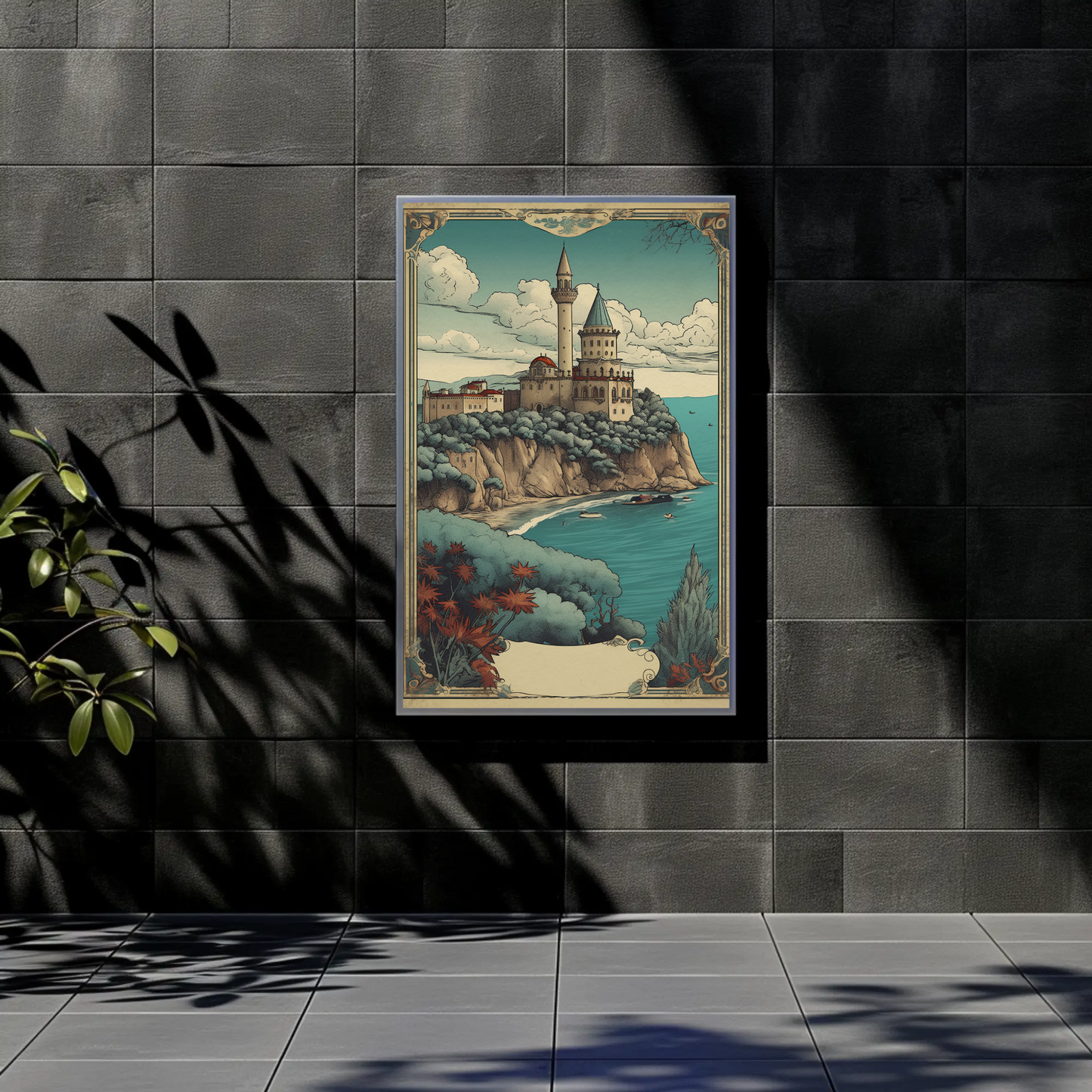 Cliffside Seaside Fortress Vintage Travel Poster