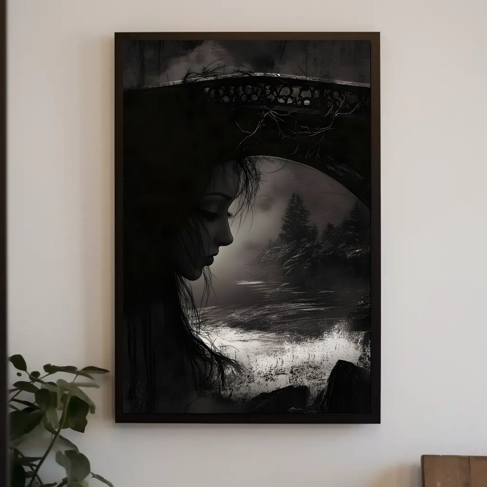 Gothic Dreamscape: Mysterious Woman with Stone Bridge Poster PosterGoat