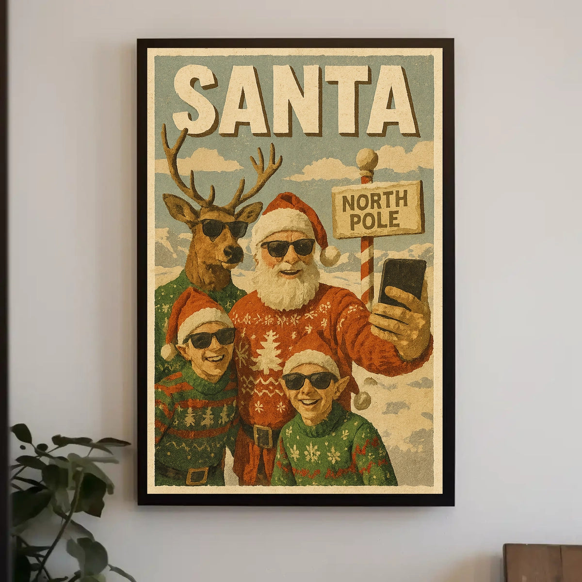 Festive Santa Selfie Vintage Christmas Poster Decor