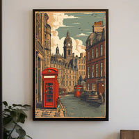Vintage Cityscape with Red Telephone Booth Poster