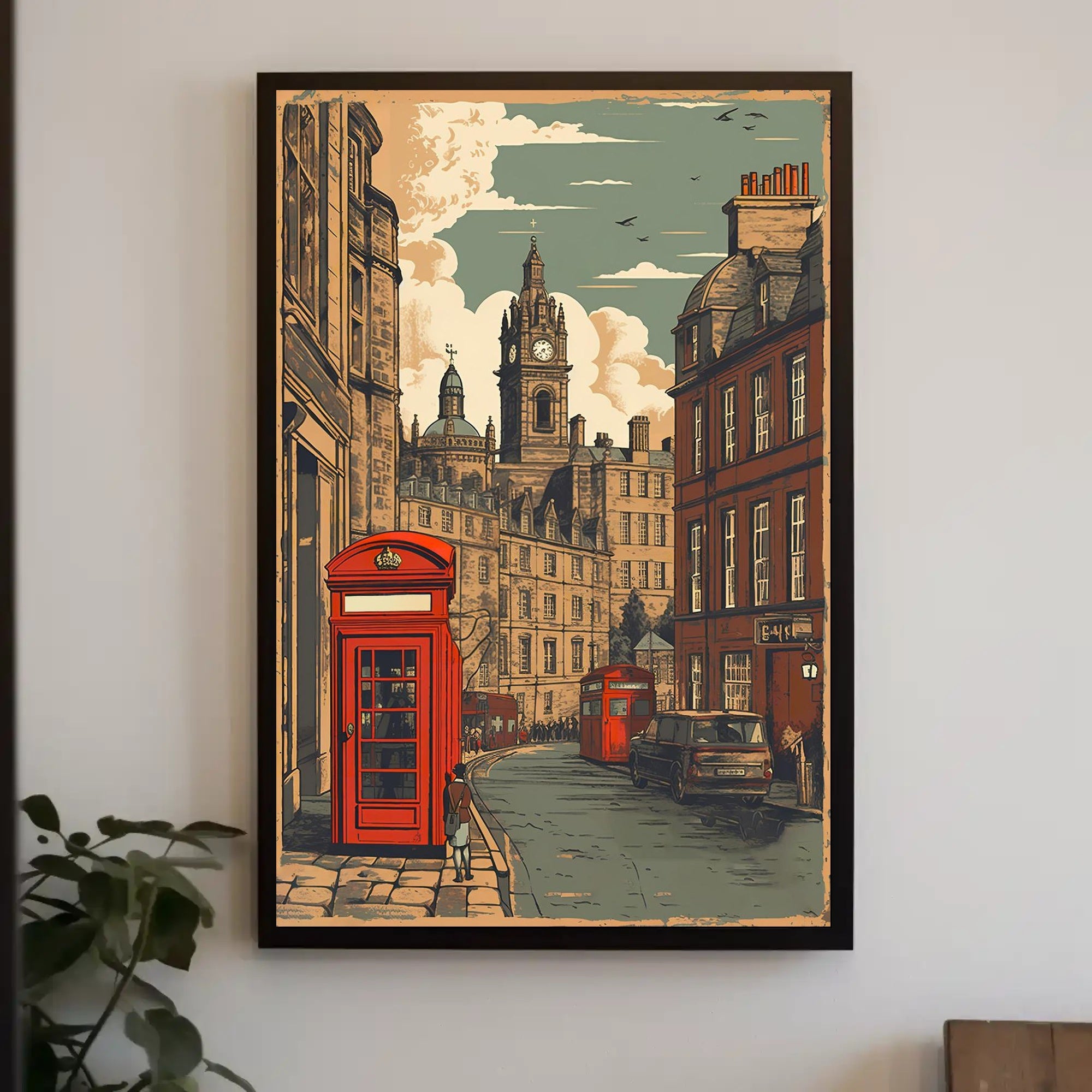Vintage Cityscape with Red Telephone Booth Poster