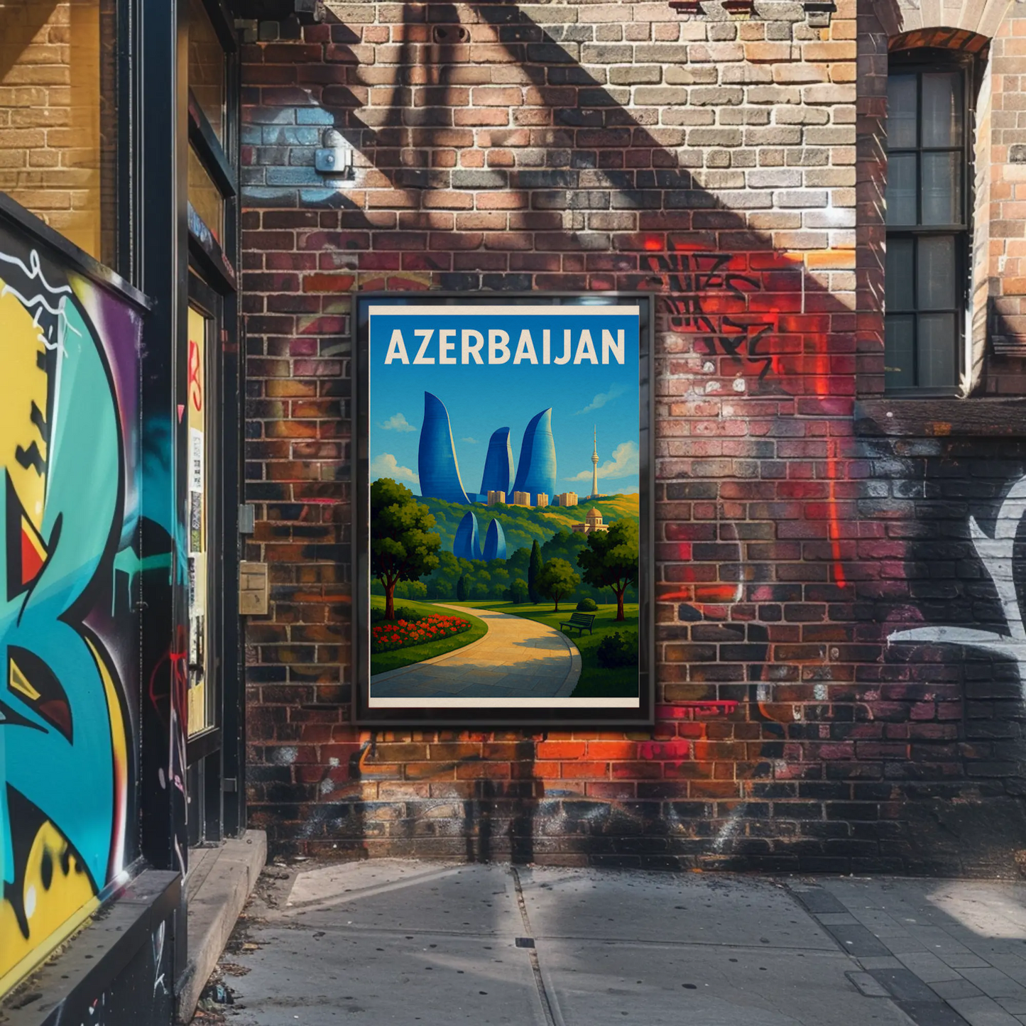 Azerbaijan Baku Flame Towers Park Path Travel Poster
