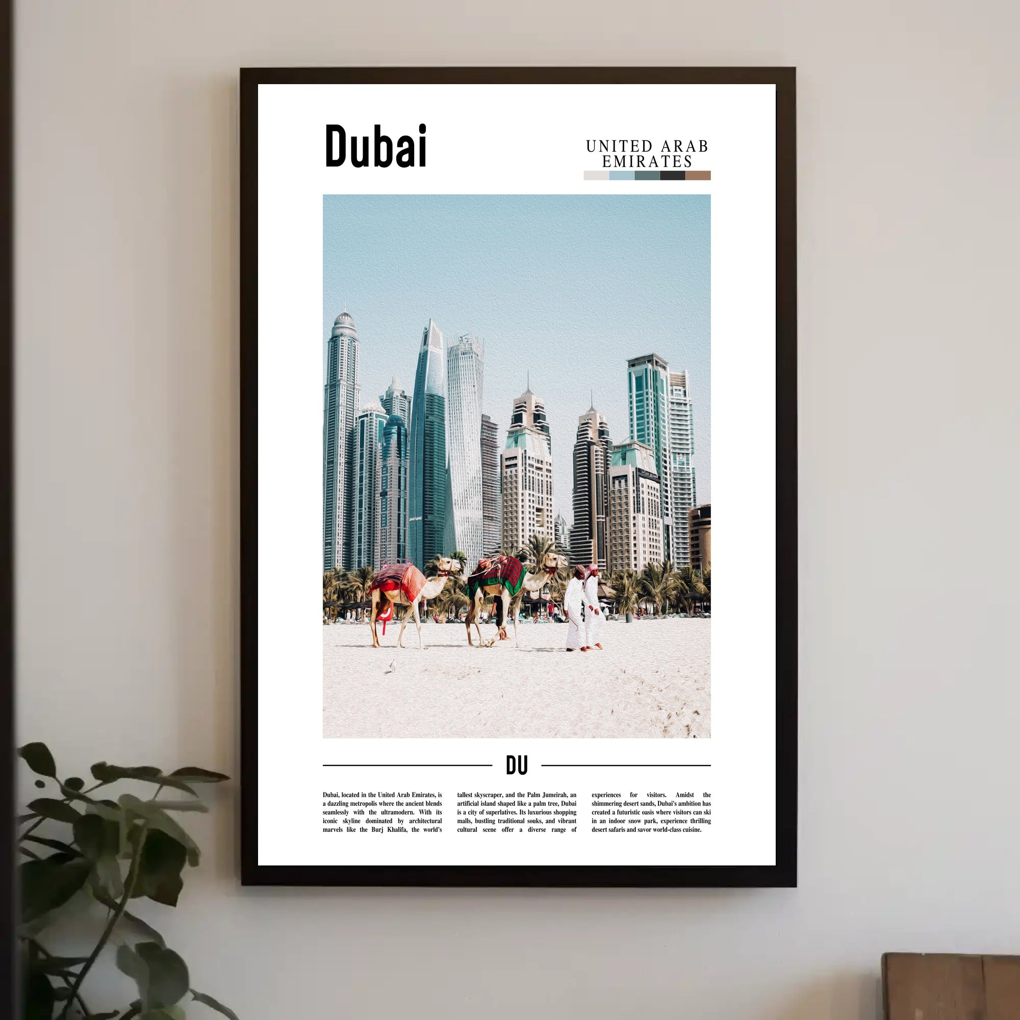 Dubai Skyline and Camels Travel Poster PosterGoat
