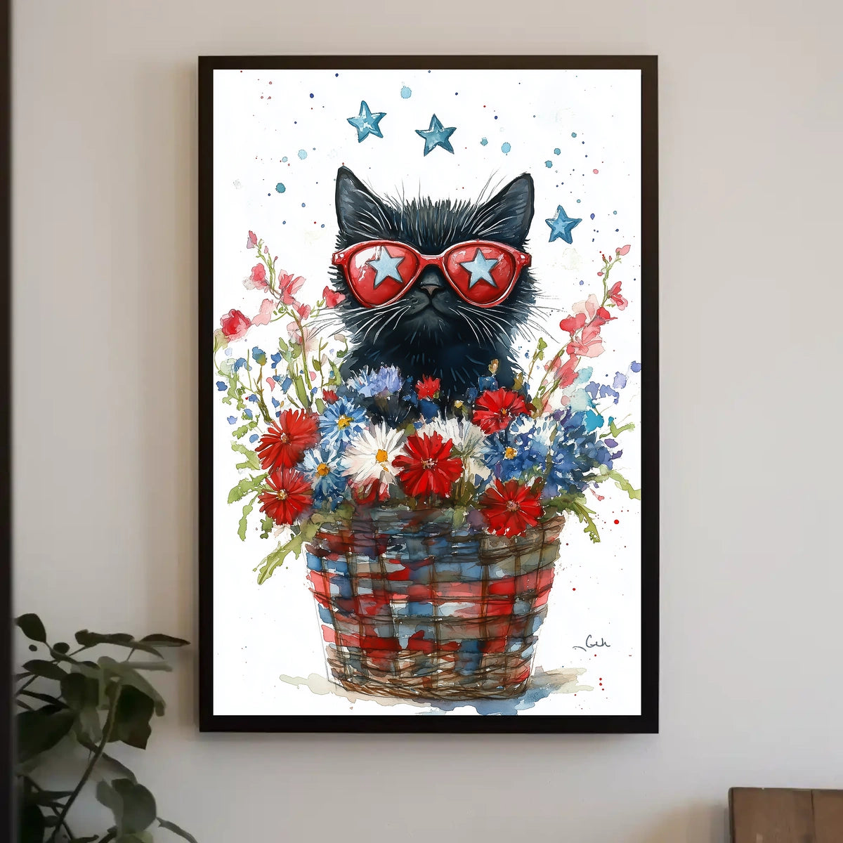Black Cat With Star Sunglasses In Floral Basket Poster