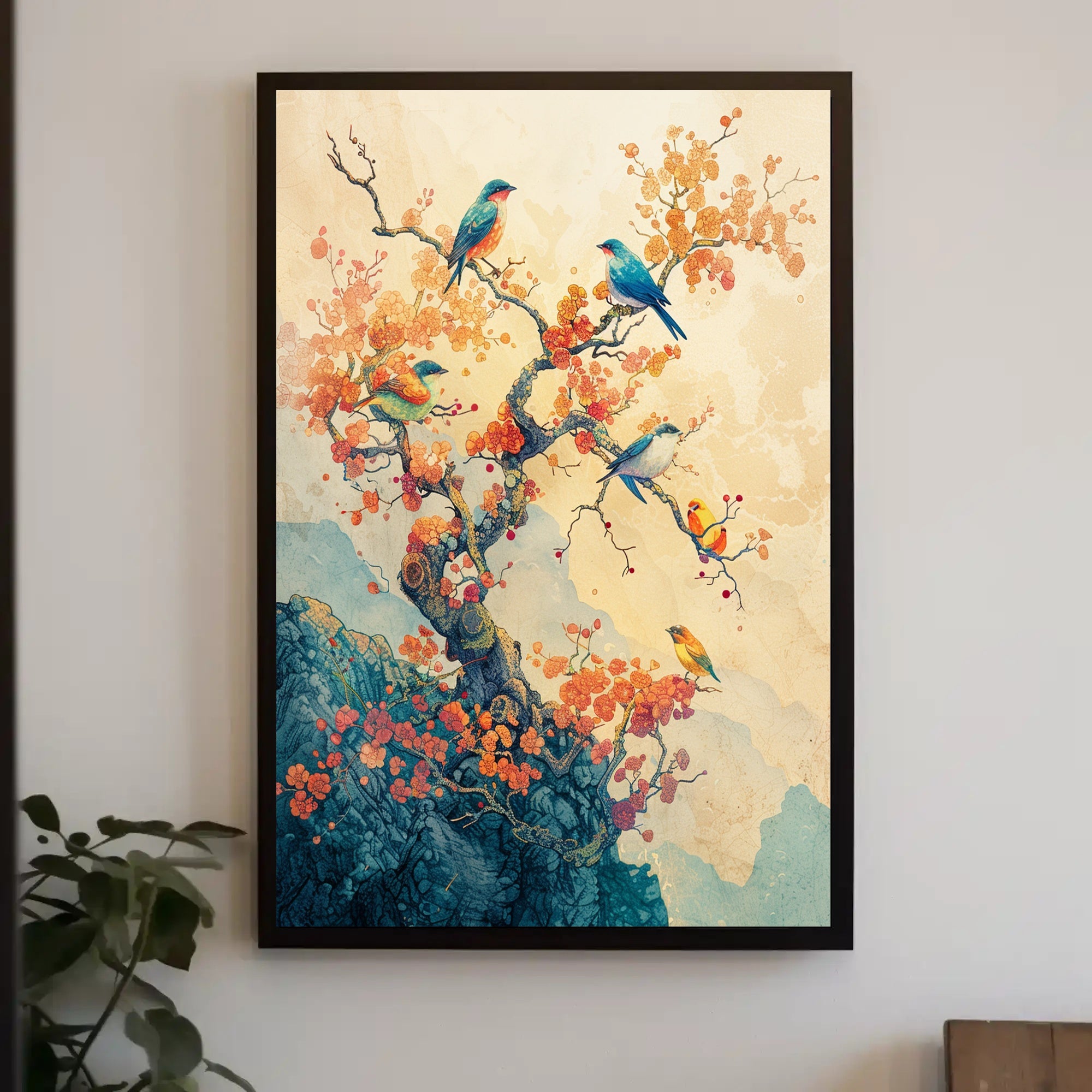 Serene Birds on Blossoming Tree Art Poster PosterGoat