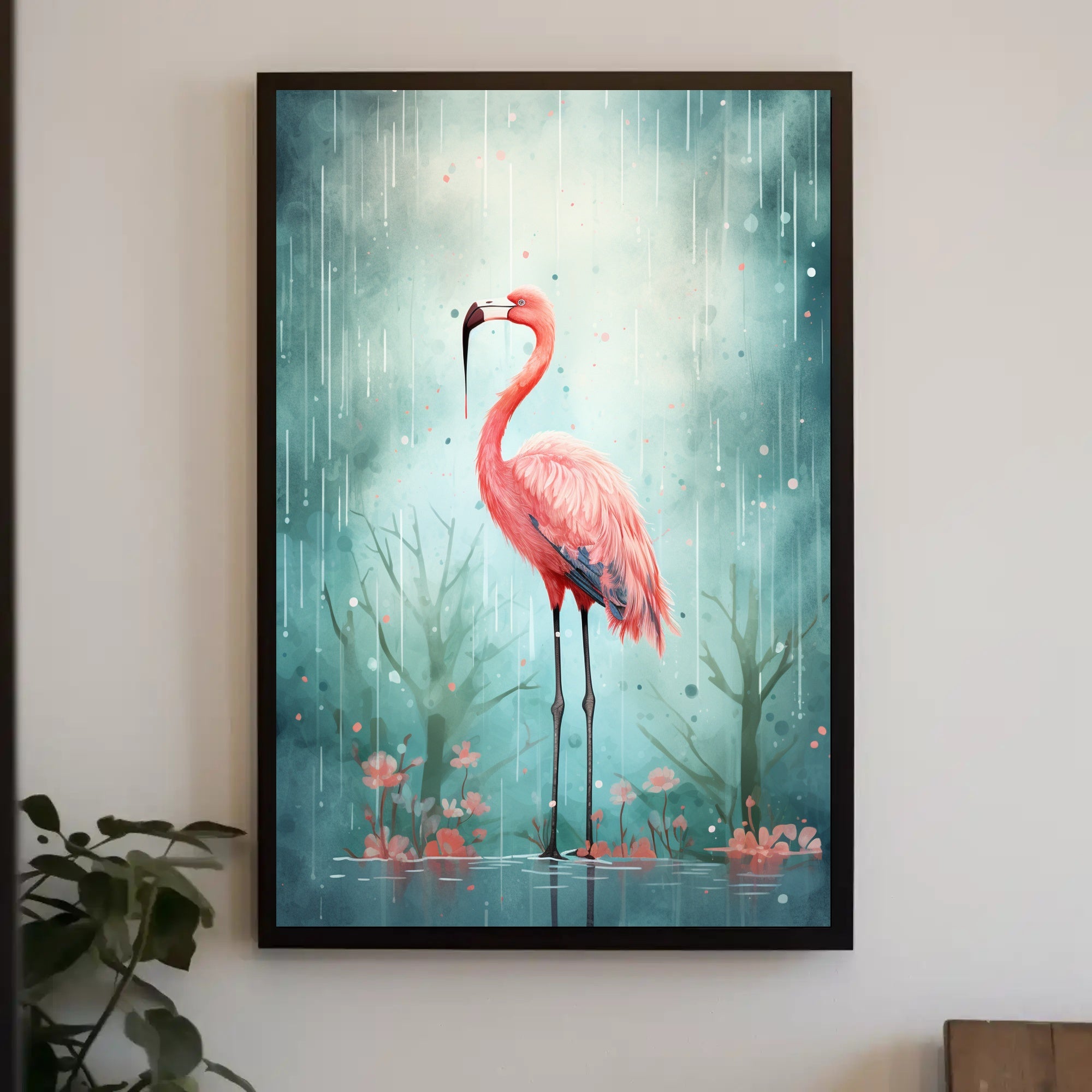 Flamingo In The Rain Poster
